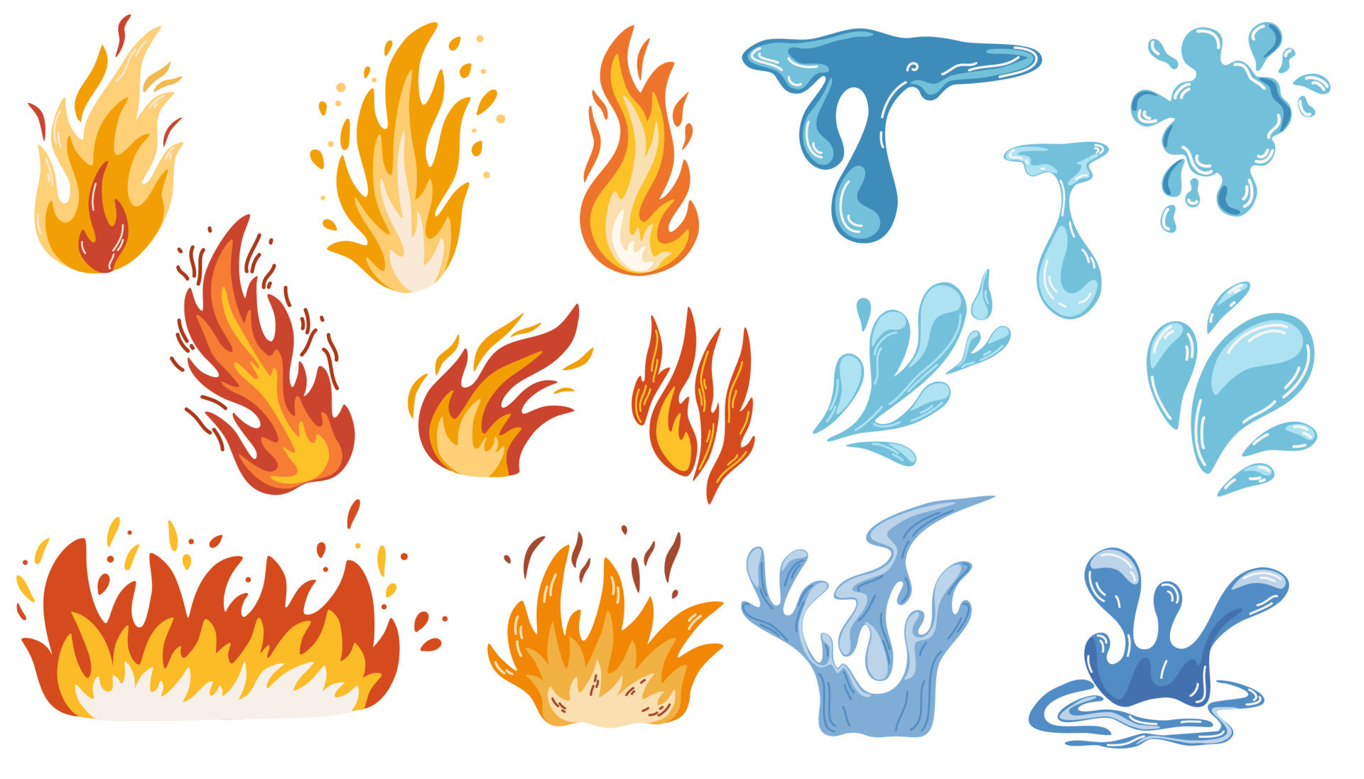 conjunto de fogo e água. chamas de diferentes formas. diferentes gotas de  água. ilustração vetorial dos desenhos animados isolada no fundo branco.  7979776 Vetor no Vecteezy